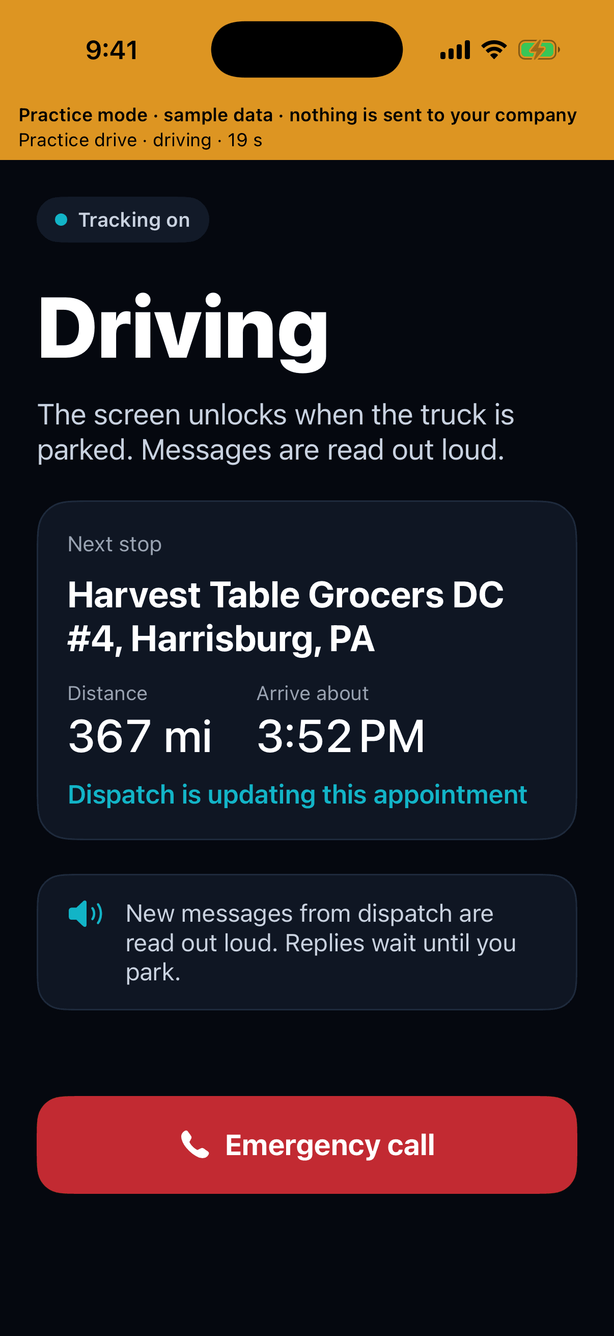 Haulbeam Driver driving mode: next stop, messages read aloud and an Emergency call button.