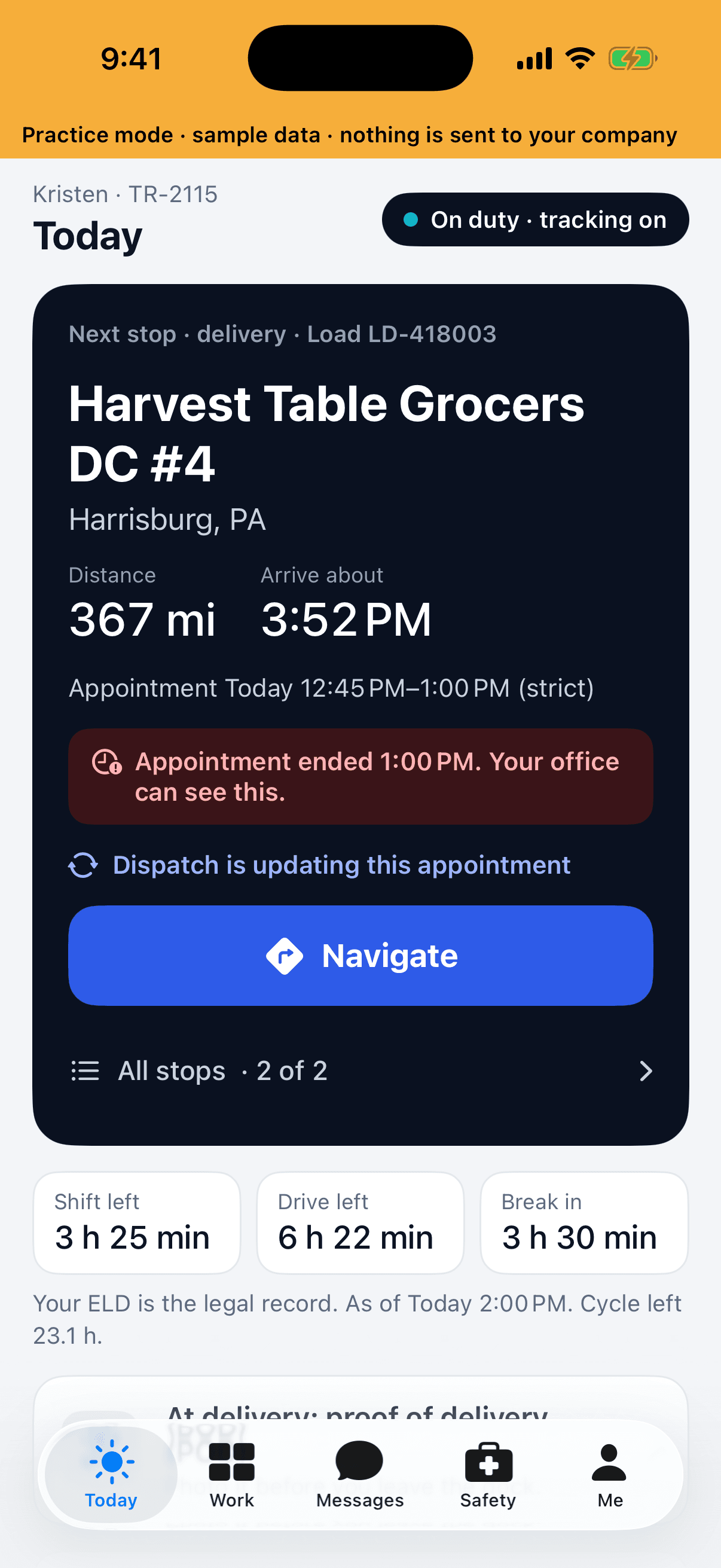 Haulbeam Driver Today screen: next stop Harvest Table Grocers DC #4 in Harrisburg, PA, with distance, arrival time, an appointment warning and a Navigate button.