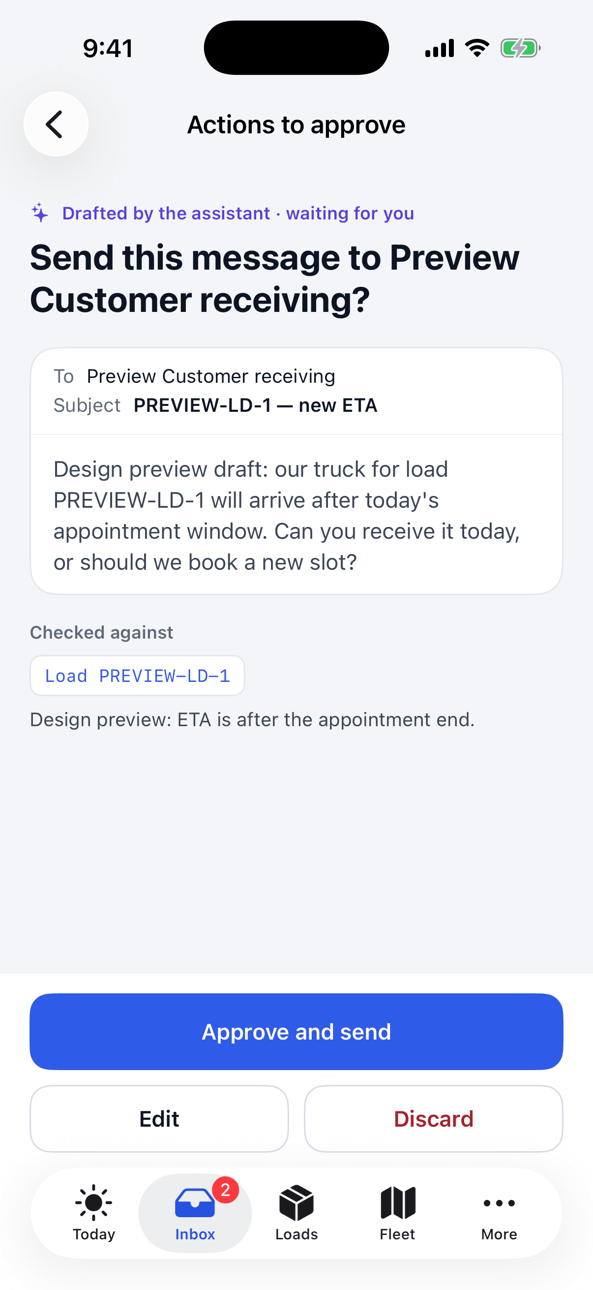Haulbeam iPhone office app: a drafted customer message awaiting approval.