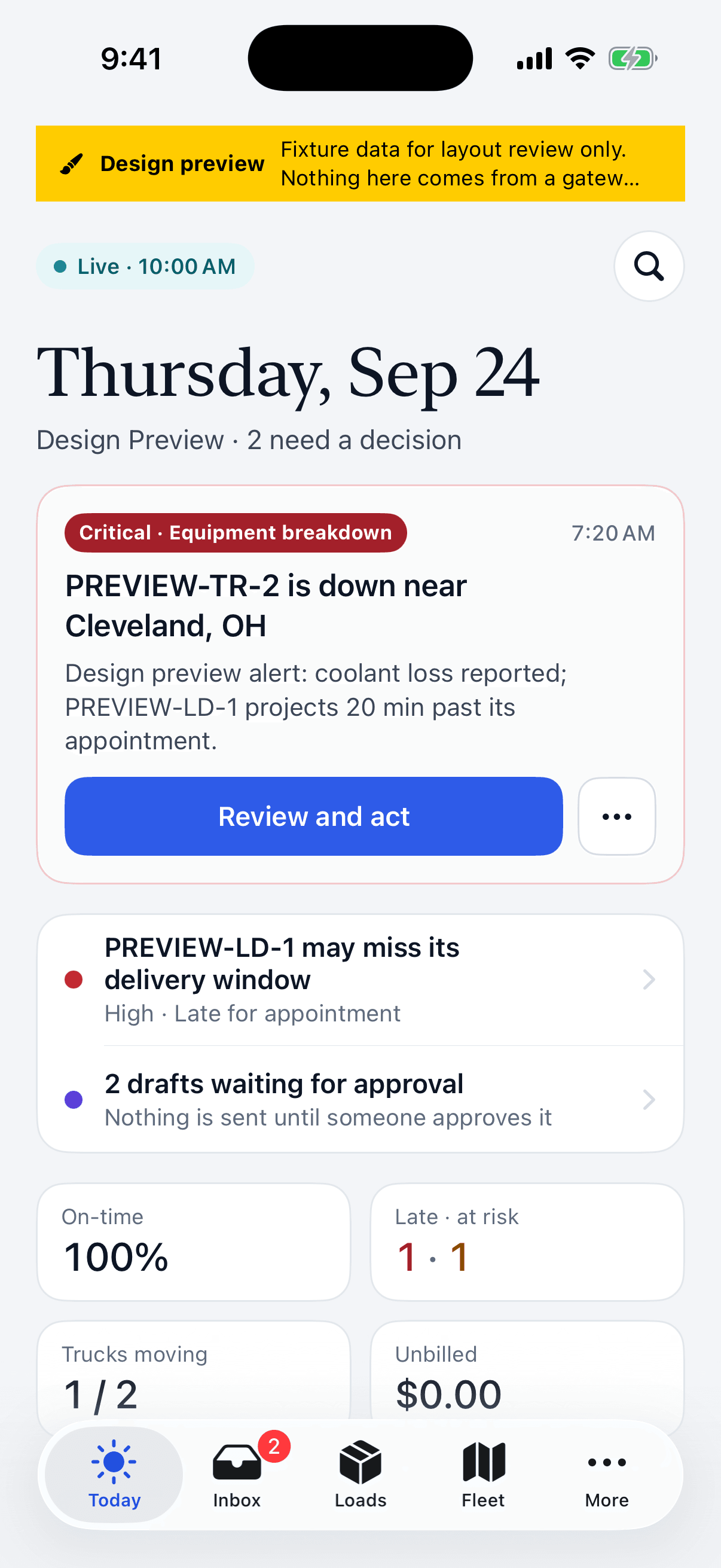 Haulbeam iPhone office app Today screen: a critical equipment breakdown card with Review and act, open alerts, and on-time and unbilled tiles.