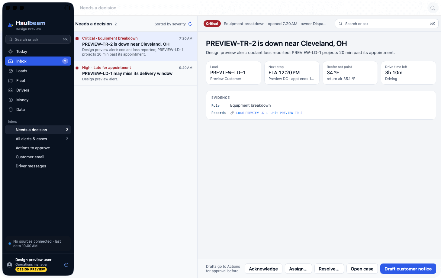 Haulbeam for Mac, Inbox: a critical equipment breakdown alert with load, next stop, reefer set point and drive time, evidence records, and actions including Draft customer notice.