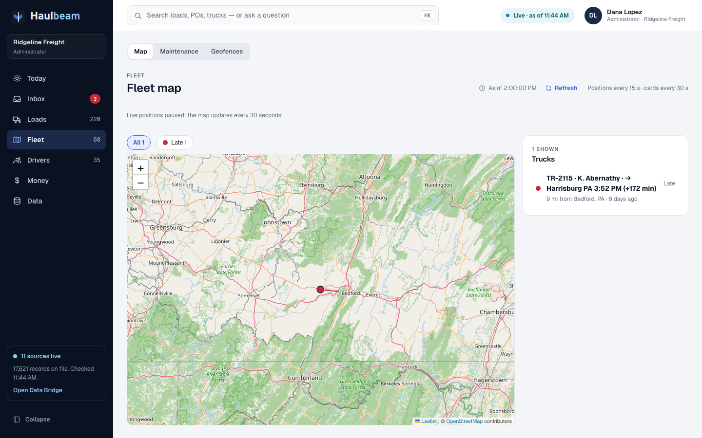 Haulbeam Fleet map with truck TR-2115 near Bedford, PA, marked late and headed to Harrisburg, PA.